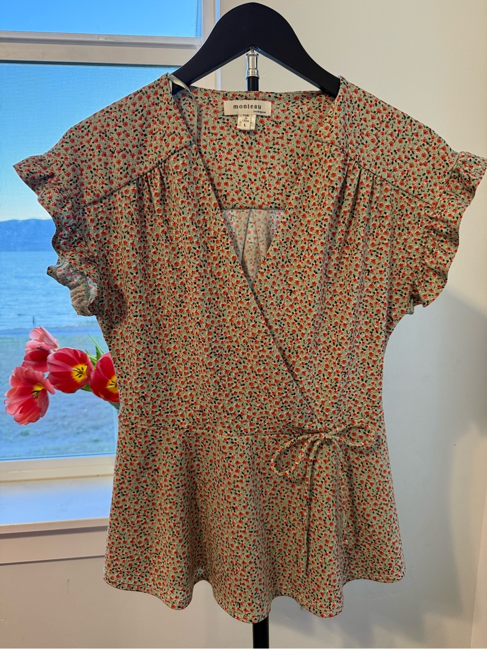 Monteau Mint Floral Top with Orange & Green Ditsy Print